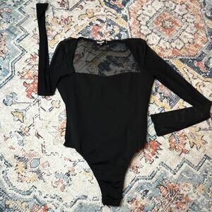 Missguided Black Bustier Stretch Sheer Long Sleeve One Piece Bodysuit Women US 8